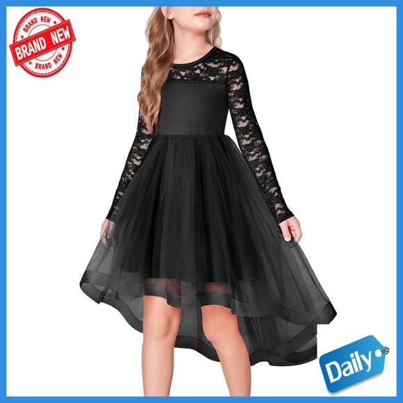 Girls Formal Lace Tutu Dress Long Sleeve High Low Hem Wedding Party